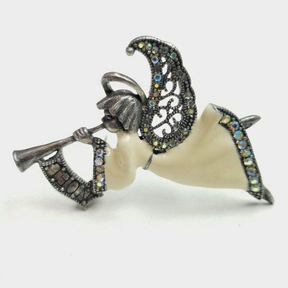 Vintage Angel with Trumpet Brooch, White Enamel Dress, Silver Tone Setting - Picture 6 of 6